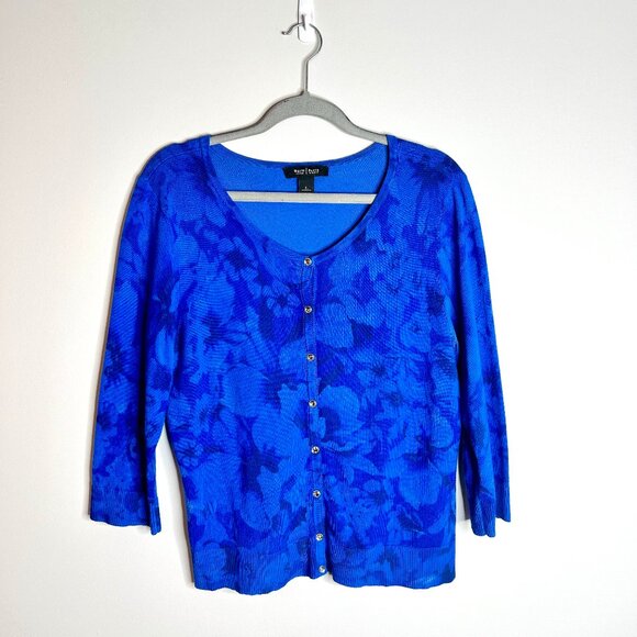 WHBM Cobalt Blue Floral Button Front 3/4 Sleeve Cardigan Sweater Preppy Sz L - Picture 1 of 5